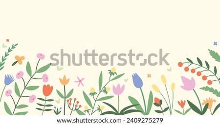 Floral border, botanical background. Blossomed nature banner. Spring and summer blooming plants, beautiful flora decoration, buds and leaves pattern, horizontal ornament. Flat vector illustration
