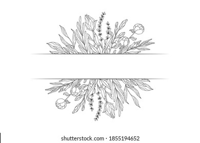 Floral border with branches, flowers and herbs. Elegant leaf invitation decor for wedding card. Vector isolated spring flourish frame.