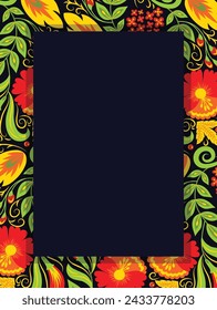 Floral border with bright red flowers and green leaves surrounding a black space. Decorative frame with nature motifs and vivid colors vector illustration.