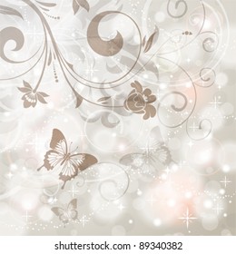 Floral Border with butterfly on the Bright Glowing Background, element for design, vector illustration