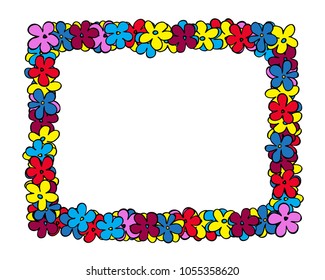 Floral border cartoon background with hand-draw colorful spring flowers, vector illustration.