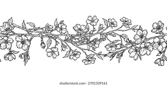 Blumenrand von Kirschblütenzweigen, Skizze. Vektorgrafik. Nahtloses Blumenmuster einzeln auf weißem Hintergrund. Geeignet für Karten, Einladungen, Feiertage, Hochzeiten und Geburtstage.
