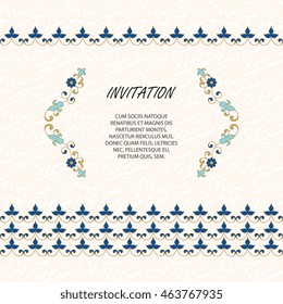 Floral  border and classic seamless pattern. Template for greeting cards, invitations, menus, labels. Vector decorative frame. Elegant element for design template, place for text.