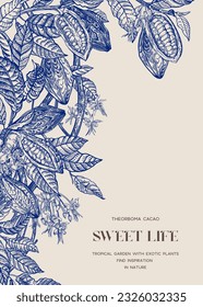 Floral border with cocoa leaves and fruits. Vector vintage illustration. Blue.