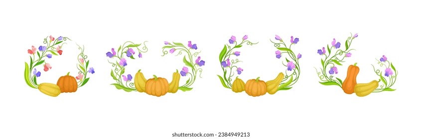 BlumengrenzenkZusammensetzung Kürbis und violette Blume mit Stem und Tendril Vector Set