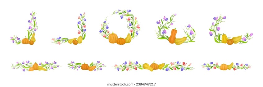 BlumengrenzenkZusammensetzung Kürbis und violette Blume mit Stem und Tendril Vector Set