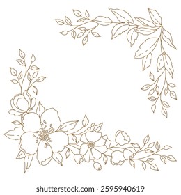 Floral border. Corner decoration with flowers, branches and leaves in line art style. Vector illustration for card, banner, wedding invitation, advertising and packaging