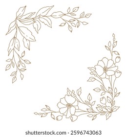 Floral border. Corner decoration with flowers, branches and leaves in line art style. Vector illustration for card, banner, wedding invitation, advertising and packaging