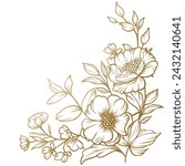 Floral border. Corner decoration with golden flowers, branches and leaves in line art style. Vector illustration for card, banner, invitation, advertising and packaging
