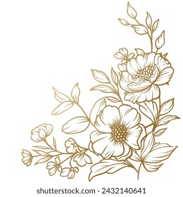 Floral border. Corner decoration with golden flowers, branches and leaves in line art style. Vector illustration for card, banner, invitation, advertising and packaging