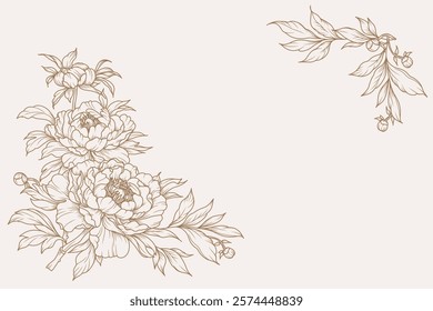 Floral border. Corner decoration with golden peony flowers, branches and leaves in line art style. Vector illustration for card, banner, invitation, advertising and packaging