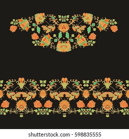 Floral border decor, Ornamental vector orange - green floral composition on dark  background
