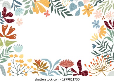 Borde floral, marco decorativo con diferentes flores y plantas, fondo blanco