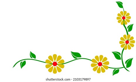 Floral Border design concept of green leaves with branch and yellow red flowers isolated on white background