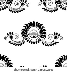Floral border design concept of Rangoli with lotus flower petals, Circles, Spirals and leaves is in Seamless pattern