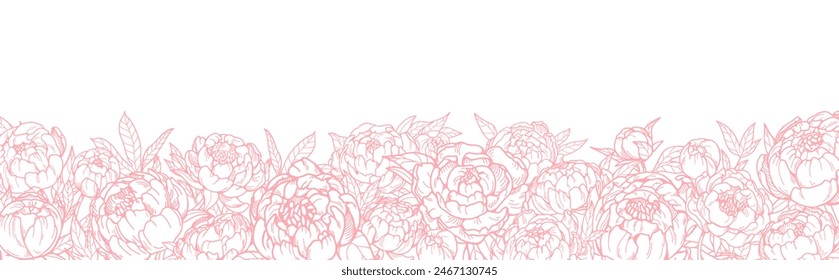 Floral border design with peony flowers. Garden blossoms and blooms, outlined contoured drawing. Engraved decorative edge. Horizontal botanical decoration. Hand-drawn retro vector illustration