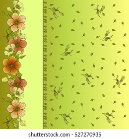 Floral border design with yellow and red wild rose on green background