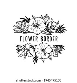 Borde floral elegante monograma con flores y hojas. Elementos decorativos dibujados a mano para invitaciones de boda, tarjetas de felicitación, estampados de camisetas, etiquetas. Ilustración vectorial.