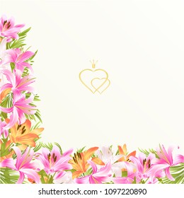 Floral border festive background with blooming lilies and buds vintage vector Illustration greeting cards editable hand draw