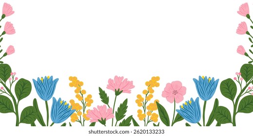 Floral border with field flowers. Botanical design, horizontal decoration. Blossoms, leaves, summer nature. Meadow wildflowers mix, decor. Flat vector illustration isolated on white background.