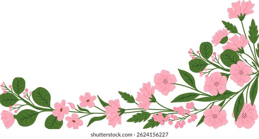 Floral border with field flowers. Botanical design, horizontal decoration. Blossoms, leaves, summer nature. Meadow wildflowers mix, decor. Flat vector illustration isolated on white background.