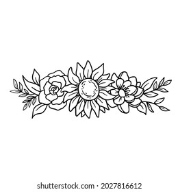 Floral Border With Flowers And Leaves In Outline Style. Vector Sunflower And Peonies Isolated On White. Elegant Bouquet Hand Drawn Line Art