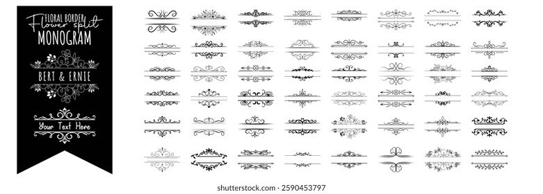 Floral Border, Floral Frame Bundle. Flower Split Monogram, Flower vector. Calligraphic Design Elements and Frames Set Vintage Vector Collection.
