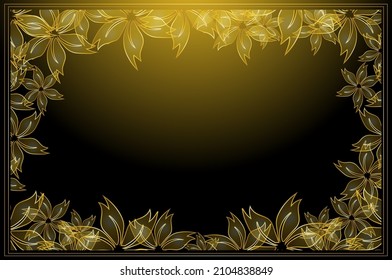 Plantilla de tarjeta de marco de borde floral. Gradiente dorado sobre fondo negro. Ilustración de diseño de vectores. para banner, tarjeta de boda. Rectangle esquinas de la decoración lateral. Vector Eps 10