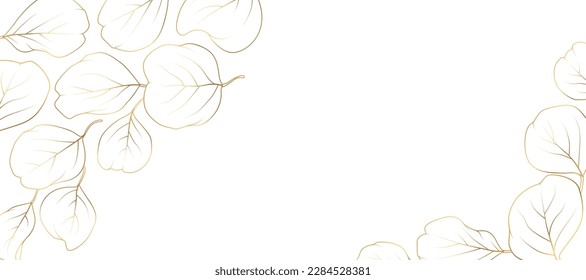 Floral border frame card template. Golden gradient on white background. Eucalyptus  tropical leaves gold lineart on white.