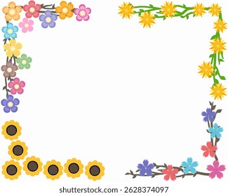 Floral border frame illustration featuring a variety of colorful cartoon-style flowers arranged along the edges of the image. The design includes sunflowers, daisies, and other stylized blossoms.