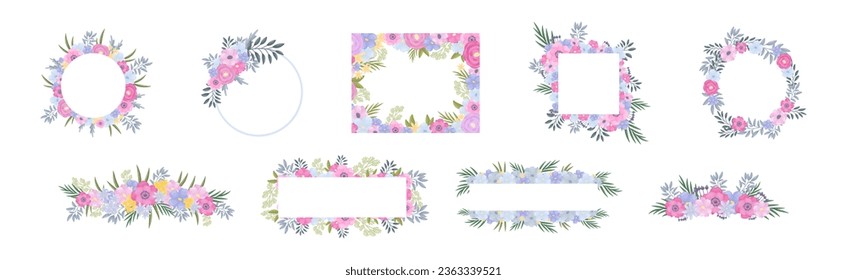 Floral Border and Frame of Lush Blooming Flowers as Decorative Vector Composition Set