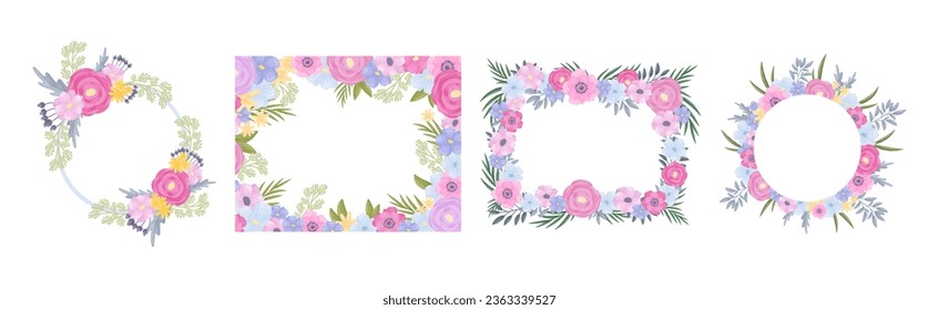 Floral Border and Frame of Lush Blooming Flowers as Decorative Vector Composition Set