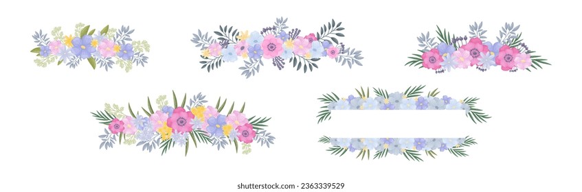 Floral Border and Frame of Lush Blooming Flowers as Decorative Vector Composition Set