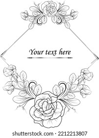 floral border frame with rose leaf vector sketch outline illustration, decorative hand drawn grating card coloring page isolated on white background clip art.