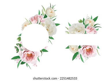 Floral border, frame set. Pink peach peony flower, ivory cream rose flowers, green leaves bouquet editable vector Illustration. Chic wedding, elegant greeting template design isolated white background
