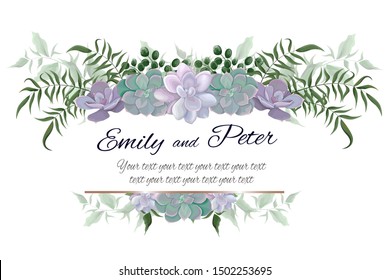 Floral border, frame for a wedding invitation. Succulents, green berries, branches, plants and leaves.