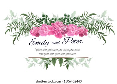 Floral border, frame for a wedding invitation. Pink peonies, green berries, branches, plants and leaves.