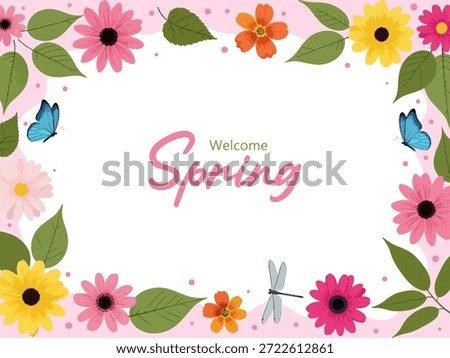 Floral border frame with "Welcome Spring" text, featuring pink, yellow, and orange flowers.