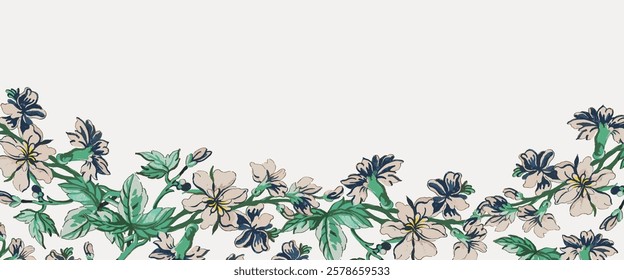 Floral border with green leaves and white flowers. Delicate floral design with intricate leaves and blossoms. Elegant floral pattern with natural elements. Vintage flower illustration, vector.