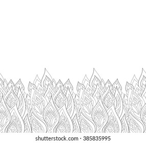 Floral border hand drawn. Monochrome coloring page with fantasy feathers. Line art. Design template vector illustration . 