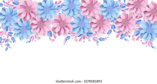 Floral border isolated on white background Pastel light blue and pink flowers with 3d elements Vector illustration