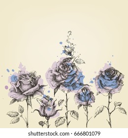 Floral border made of roses hand drawn and watercolor painting