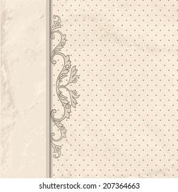 Floral border on vintage background. Old paper with pattern in retro victorian style. Vector card border with place for text. Perfect for greetings, invitations or announcements.