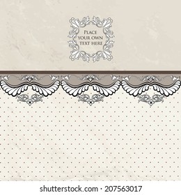 Floral border on vintage background. Old paper with pattern in retro victorian style. Vector wallpaper with copy space.