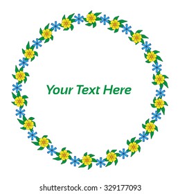 Floral border  on the white background Leaves and flowers. Summer Decorative Frame. Green, yellow, blue colors.  Vector Illustration. 