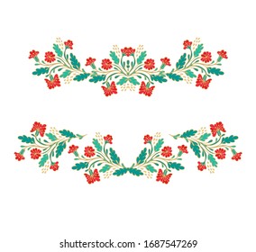 Floral border ornament, vector floral branch with red flowers and golden contour on white  background