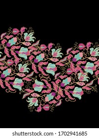 Ornamento floral, rama floral vectorial con flores rojas y contorno dorado sobre fondo oscuro