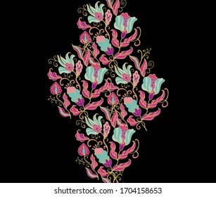 Blumengrenzverzierungen, Blumenzweig mit Blumen und goldenen Konturen auf dunklem Hintergrund