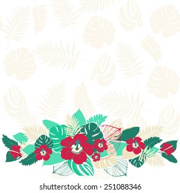 Floral border over white background  with tropical pattern.