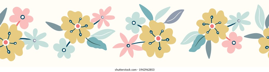 Floral border pattern design. Cute vector seamless repeat of flowers and leaves. Hand drawn nature banner, graphic resource.